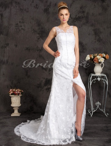 A-line Charming V-neck Lace Chapel Train Wedding Dress