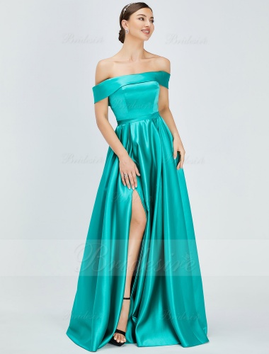 Ball Gown Off-the-shoulder Floor-length Satin Prom Dress with Split Front