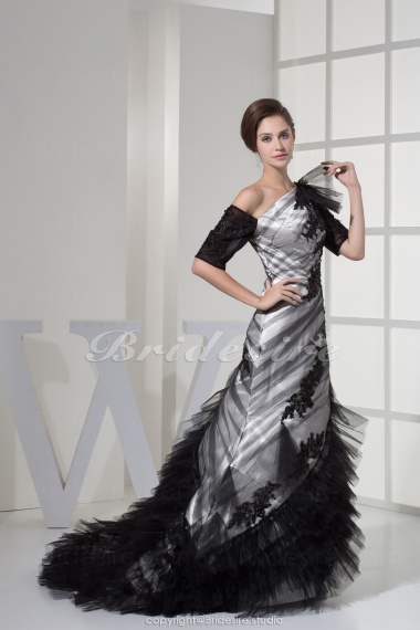 Trumpet/Mermaid One Shoulder Floor-length Sweep Train Half Sleeve Lace Satin Dress