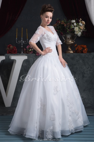 Princess V-neck Floor-length Half Sleeve Satin Chiffon Wedding Dress