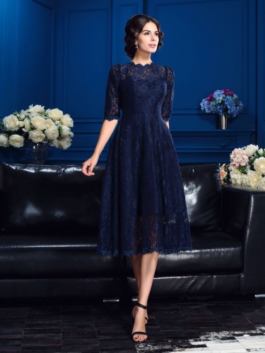 A-line High Neck Half Sleeve Lace Mother of the Bride Dress