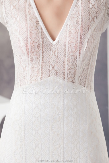 Sheath/Column V-neck Floor-length Short Sleeve Lace Wedding Dress