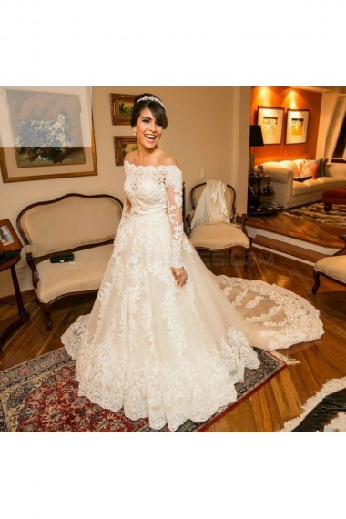A-line Off-the-shoulder Long Sleeve Lace Wedding Dress