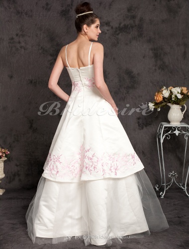 A-line / Princess Satin Sleeveless Floor-length Spaghetti Straps Wedding Dress