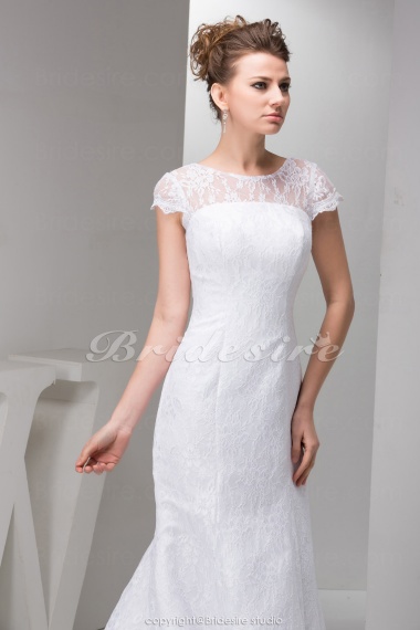 A-line Scoop Court Train Short Sleeve Lace Wedding Dress