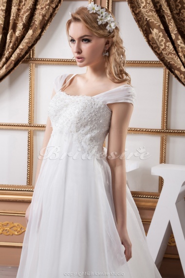 A-line Square Floor-length Court Train Short Sleeve Chiffon Wedding Dress