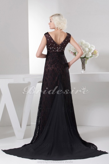 A-line V-neck Floor-length Sweep Train Sleeveless Lace Chiffon Mother of the Bride Dress