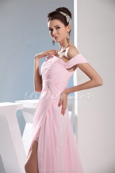 A-line Off-the-shoulder Floor-length Sweep/Brush Train Sleeveless Chiffon Dress