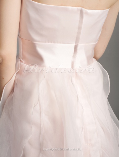 A-line Organza Over Satin Knee-length Strapless Bridesmaid/ Wedding Party Dress