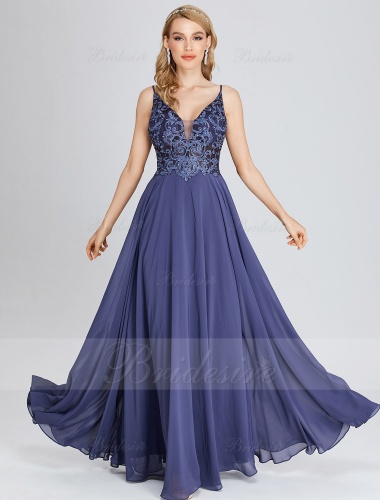 A-line V-neck Floor-length Chiffon Prom Dress with Lace