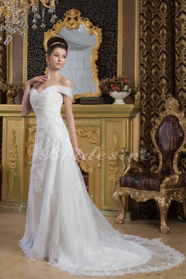 A-line Off-the-shoulder Floor-length Sweep Train Sleeveless Chiffon Wedding Dress