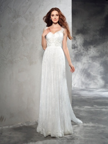 A-line V-neck Sleeveless Lace Wedding Dress