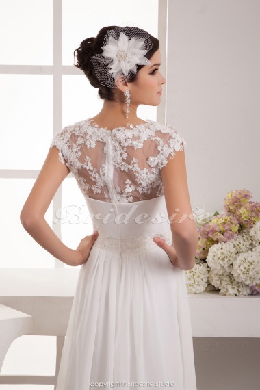A-line V-neck Floor-length Short Sleeve Chiffon Wedding Dress
