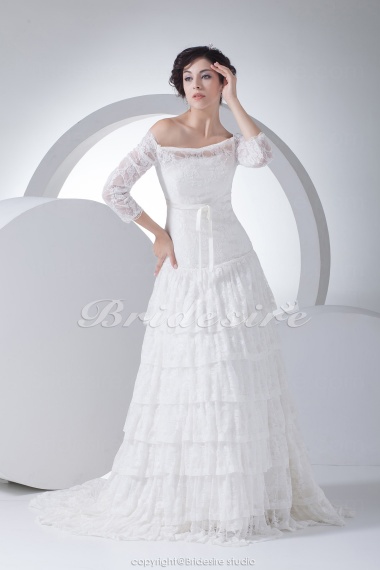 A-line Off-the-shoulder Court Train 3/4 Length Sleeve Lace Wedding Dress