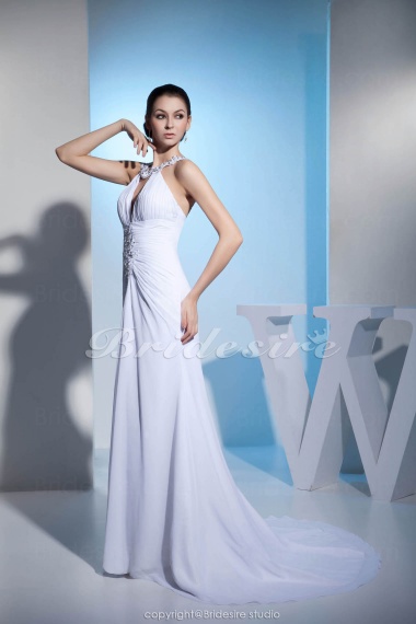 A-line Halter Floor-length Court Train Sleeveless Chiffon Wedding Dress