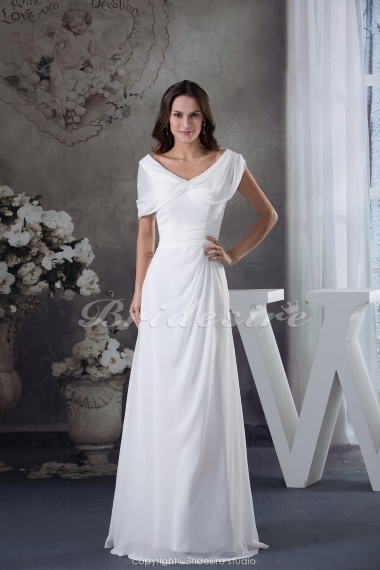 Sheath/Column V-neck Floor-length Short Sleeve Chiffon Wedding Dress