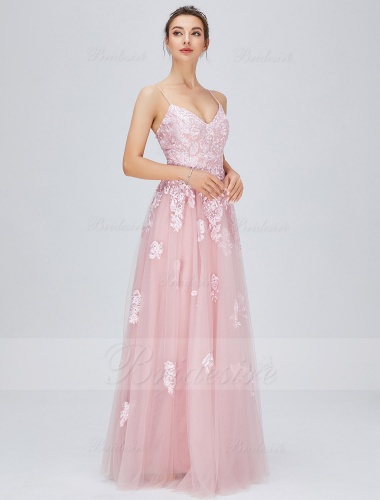 A-line V-neck Floor-length Tulle Prom Dress with Lace