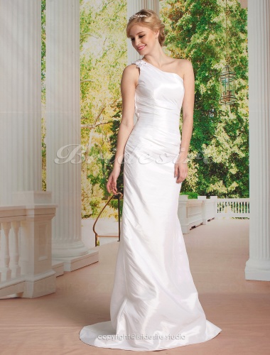 Sheath/ Column Taffeta Sweep/ Brush Train One Shoulder Wedding Dress