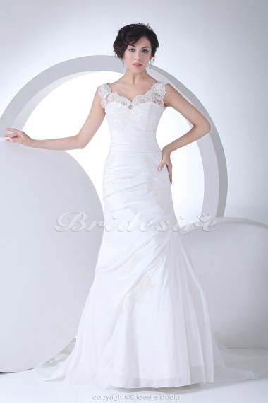 Trumpet/Mermaid Straps Court Train Sleeveless Taffeta Lace Wedding Dress
