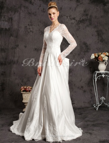 A-line Satin And Satin Lace Chapel Train V-neck Wedding Dress Inspired By Kate Middleton