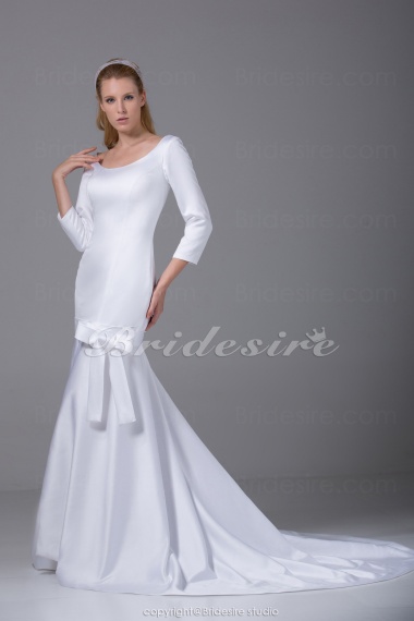 Trumpet/Mermaid Scoop Chapel Train 3/4 Length Sleeve Satin Wedding Dress