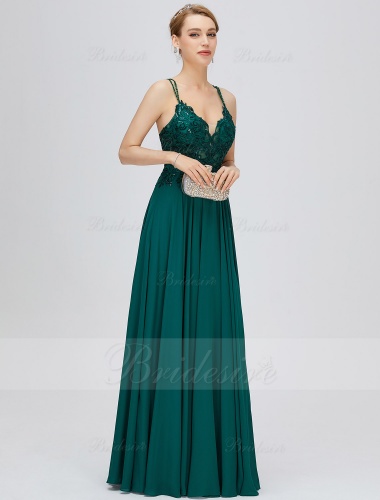 A-line V-neck Floor-length Sleeveless Chiffon Evening Dress