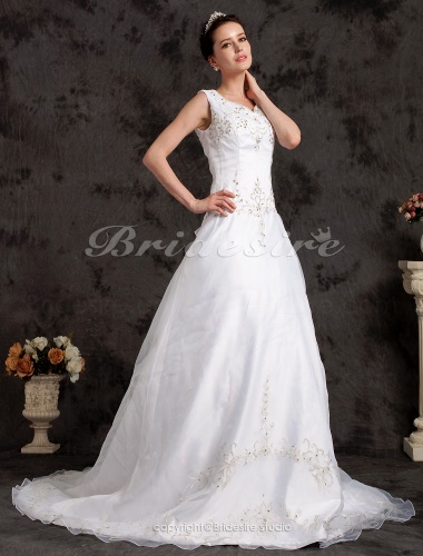 A-line Organza Chapel Train V-neck Plus Size Wedding Dress