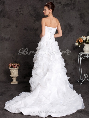 A-line Organza Satin Court Train Strapless Wedding Dress