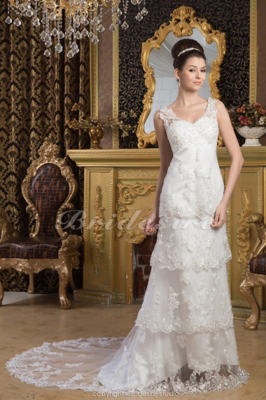 A-line V-neck Floor-length Sweep Train Sleeveless Satin Wedding Dress