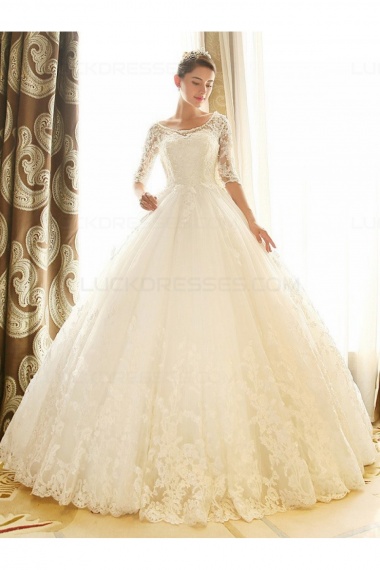 Ball Gown Scoop Half Sleeve Lace Wedding Dress