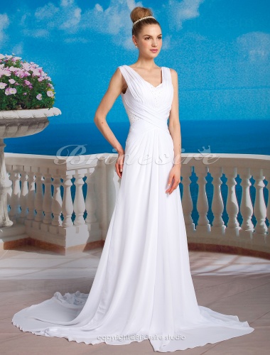 Sheath/Column Chiffon Court Train V-neck Wedding Dress