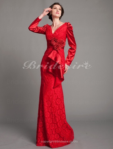 Trumpet/ Mermaid Stretch Satin And Lace Floor-length V-neck Evening Dress