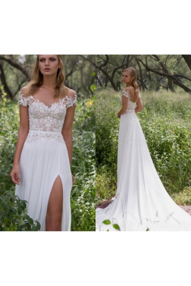 Sheath/Column Scoop Short Sleeve Chiffon Wedding Dress