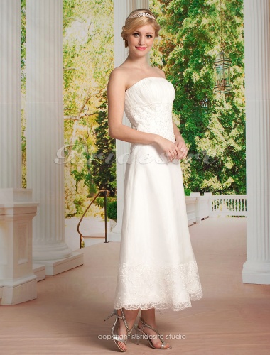 A-line Organza Tea-length Strapless Wedding Dress