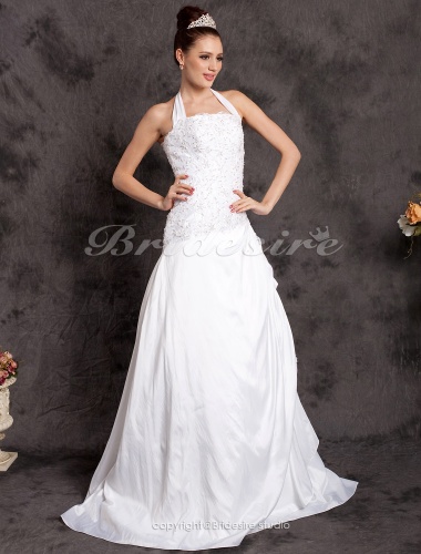 A-line Court Train Halter Wedding Dress With Beaded Appliques