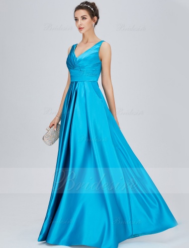 A-line V-neck Floor-length Satin Bridesmaid Dress