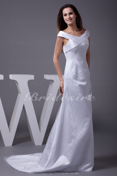 A-line Off-the-shoulder Sweep/Brush Train Sleeveless Satin Tulle Wedding Dress