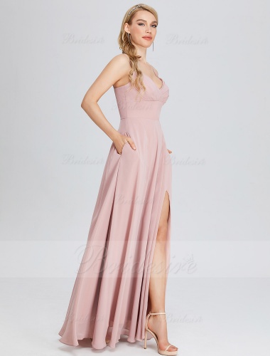 A-line V-neck Floor-length Chiffon Evening Dress with Ruffles