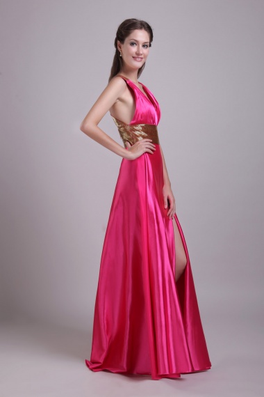 A-line V-neck Floor-length Satin Prom Dress