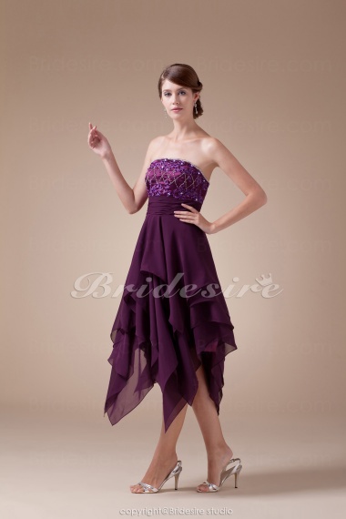 A-line Strapless Tea-length Sleeveless Chiffon Stretch Satin Bridesmaid Dress