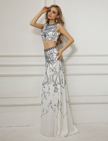 A-line Scoop Floor-length Chiffon Lace Prom Dress
