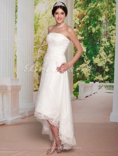 Sheath/ Column Tulle Over Satin Asymetrical Strapless Wedding Dress