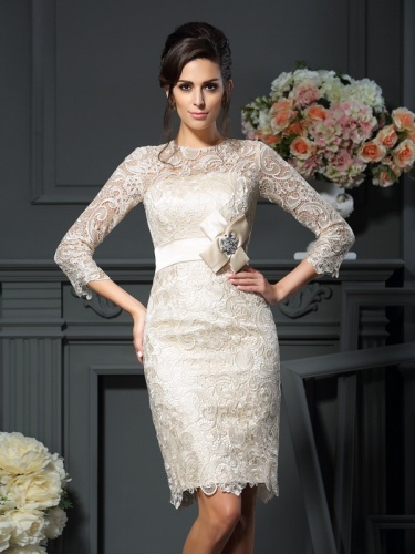 Sheath/Column Scoop 3/4 Length Sleeve Lace Mother of the Bride Dress