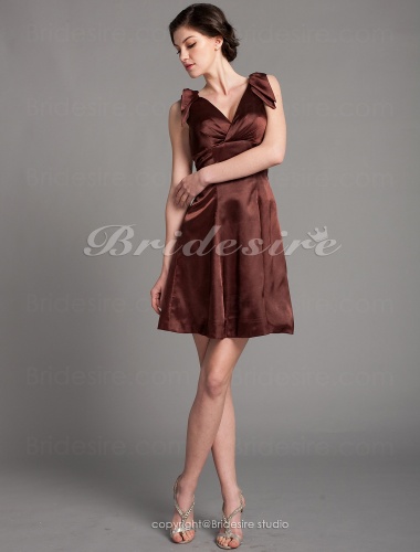 A-line Stretch Satin Short/Mini V-neck Bridesmaid Dress