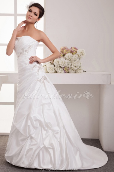 A-line Strapless Floor-length Sleeveless Satin Wedding Dress