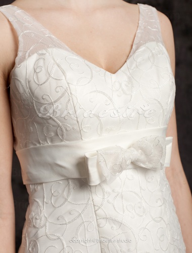 A-line Court Train Satin Lace V-neck Wedding Dress