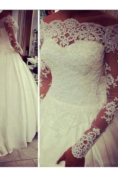 Ball Gown Off-the-shoulder Long Sleeve Satin Wedding Dress