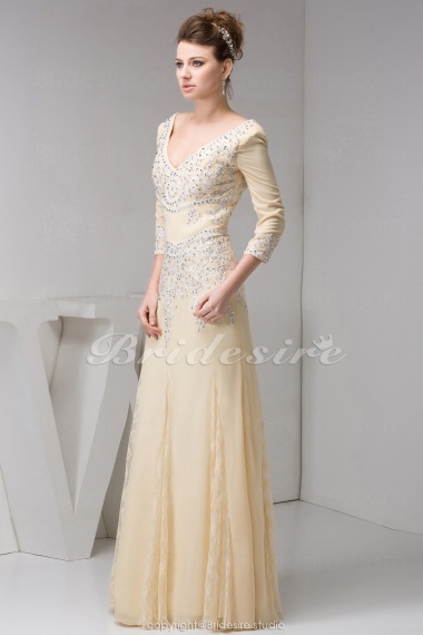 A-line V-neck Floor-length 3/4 Length Sleeve Chiffon Mother of the Bride Dress
