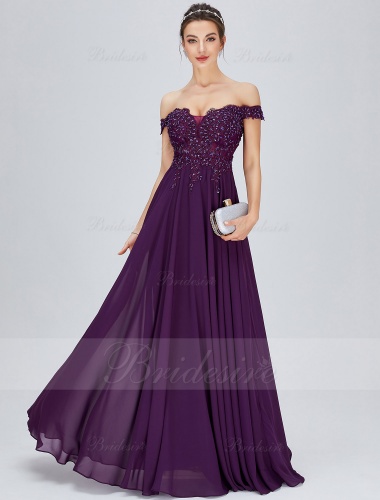 A-line Off-the-shoulder Floor-length Chiffon Prom Dress with Lace