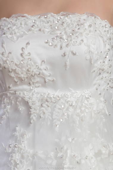 A-line Strapless Floor-length Court Train Sleeveless Satin Lace Wedding Dress